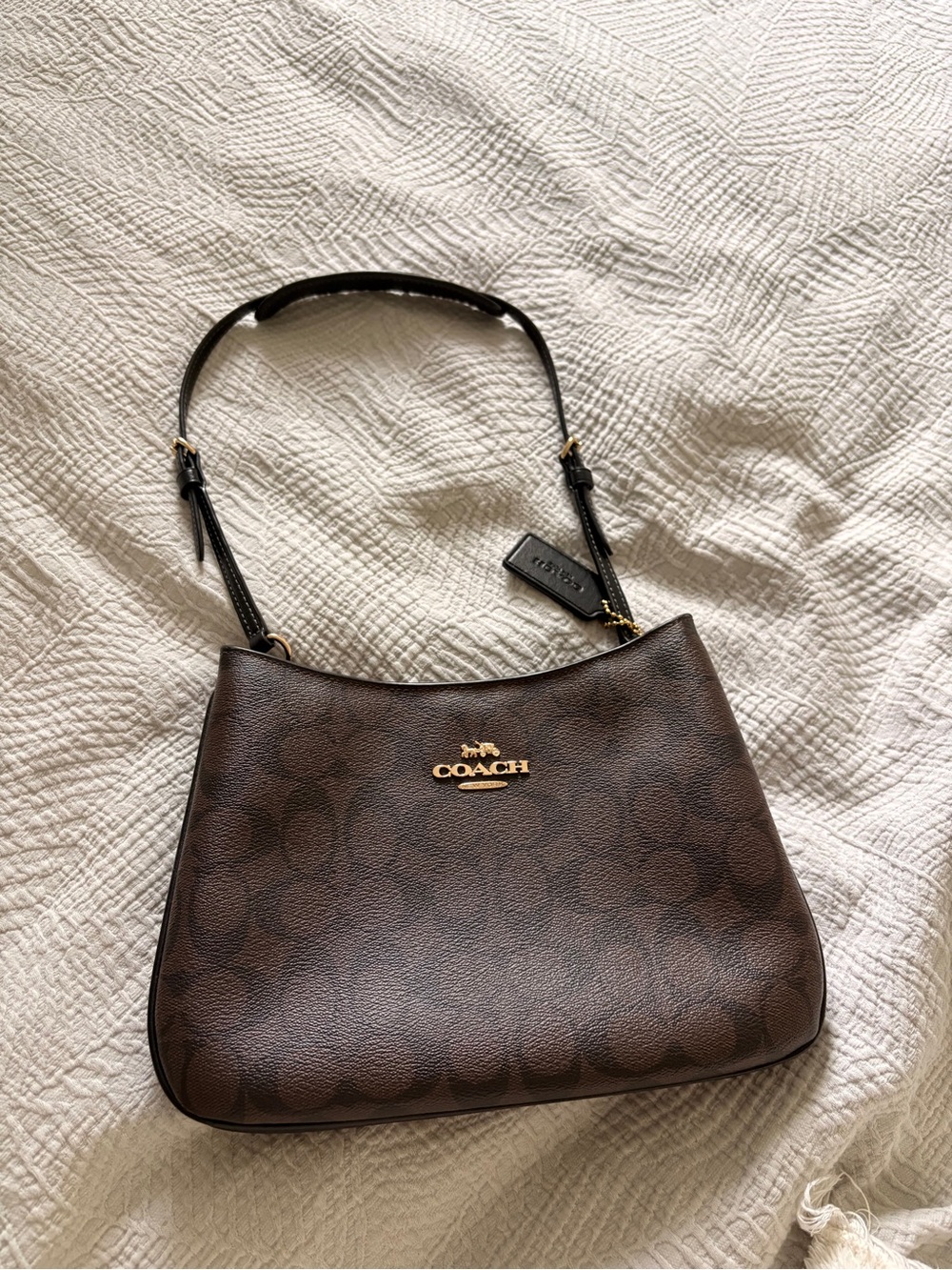 Coach Brown Signature Shoulder Bag Pénélope with Black Strap